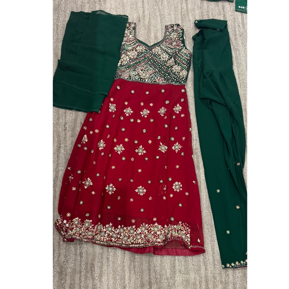 Green and red anarkali suit